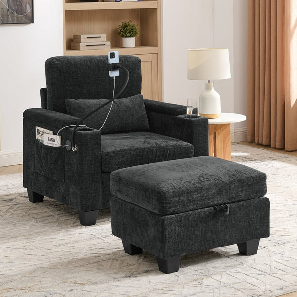 English Elm Single Chenille Manual Recliner with Usb Port Hidden Storage Ottoman and Cup Holders Black W487P423649