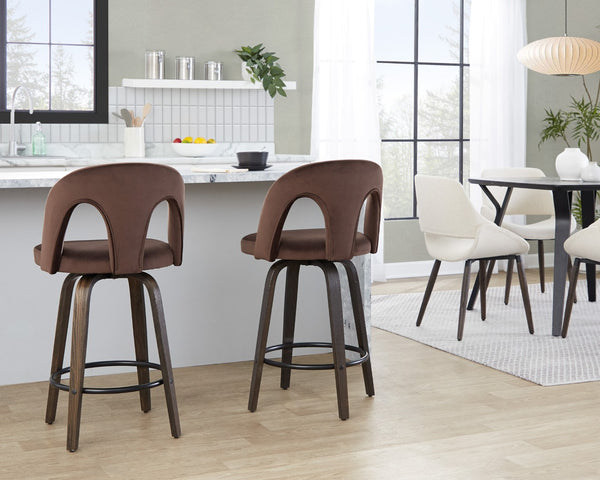 English Elm Fixed-height Swivel Counterstools Velvet Seat Bentwood Legs Kitchen Island Set B202S01793
