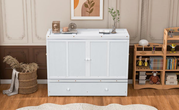 English Elm Queen Murphy Wall Bed with Pull Out Drawer and Built in Usb Charging Cabinet White N708P205905K