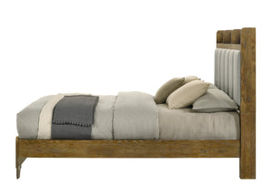 English Elm Garcia Eastern King Bed with USB Ports, Aspen Brown Fabric Upholstery, Solid Rubberwood Frame Light Brown 85.04 L x 7.48 W x 9.45 H B2726S00540