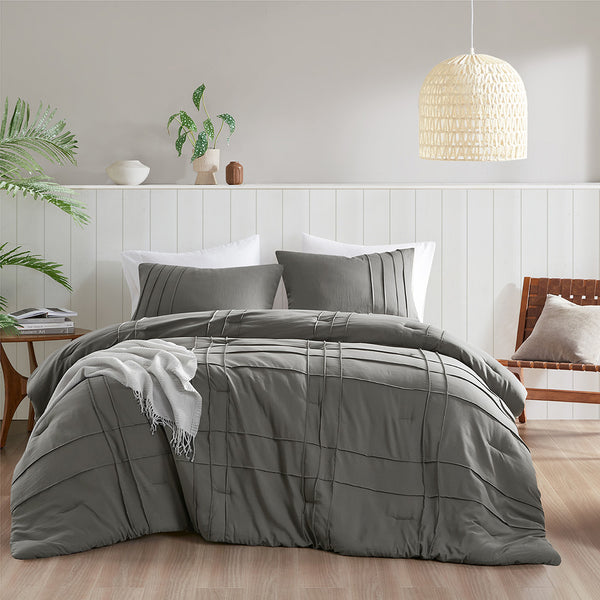JLA Home Comfort Spaces - Soft Pinch-Pleat Comforter Set with Pre-Washed Microfiber, Lightweight Loft & Year-Round Cozy Breathability Grey AM10-0468