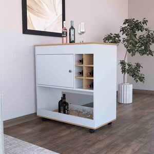 English Elm Seattle Tall Bar Cabinet with Eight Bottle Cubbies Open Shelving and Enclosed Storage B128P322513