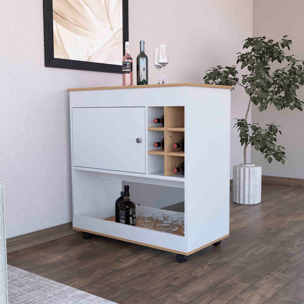 English Elm Seattle Tall Bar Cabinet with Eight Bottle Cubbies Open Shelving and Enclosed Storage B128P322513