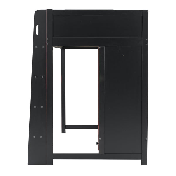 English Elm Wood Twin Gaming Loft Bed with Desk, Wardrobe, LED Lighting & Drawer — Space-Saving Black Red Accent, 400lb Capacity N7090004010B