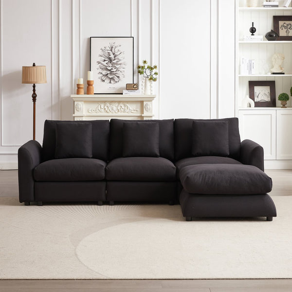 English Elm MH102.2 Modular 102.2" L-Shaped Sectional Sofa with Ottoman, 3 Cushions & Pillows, Upholstered Comfort Black W1193S00137