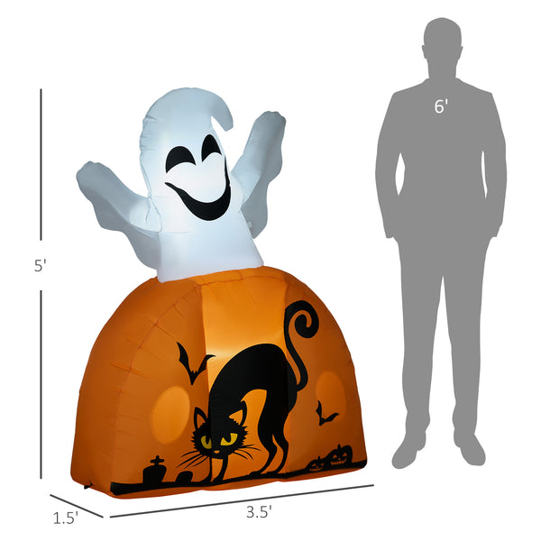 English Elm HOMCOM 5ft Halloween Inflatable Ghost with Painted Pumpkin Base, LED Lights, Stakes & Easy Setup W2225P217529