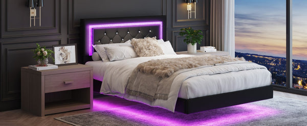 English Elm Full Size Floating Platform Bed Tufted Upholstered Headboard with Rgb Led Underlighting Black W3107P419249