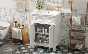 English Elm 24'' Carved Farmhouse Bathroom Vanity with Ceramic Sink Soft Close Storage Cabinet White N710P446530K