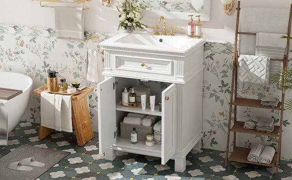English Elm 24'' Carved Farmhouse Bathroom Vanity with Ceramic Sink Soft Close Storage Cabinet White N710P446530K