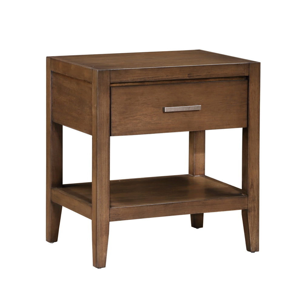 English Elm Transitional Evans Nightstand Light Brown Wire-Brush Finish with Drawer & Open Shelf, Antique Brass Accents B011P286827