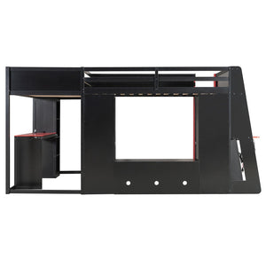English Elm L-shaped Gaming Loft Bunk Bed Twin Wood Frame Rgb Lighting Usb Ports Storage Shelves Red LT000295AAR