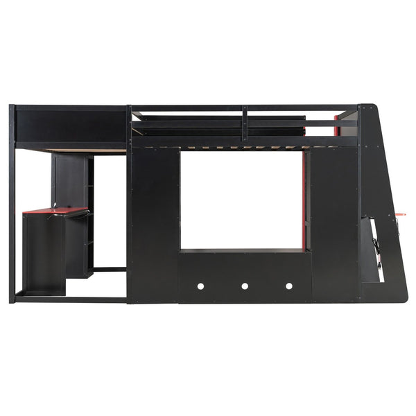 English Elm L-shaped Gaming Loft Bunk Bed Twin Wood Frame Rgb Lighting Usb Ports Storage Shelves Red LT000295AAR