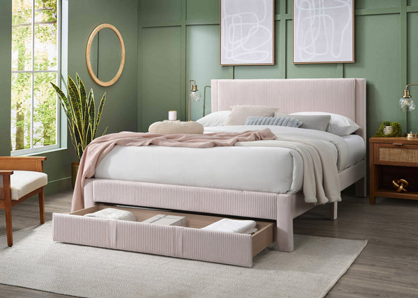 English Elm Queen Corduroy Platform Bed with Plush Headboard, High Footboard, Under-Bed Drawer Storage, Modern Design Pink 8 L x 22 W x 61 H B089P238568