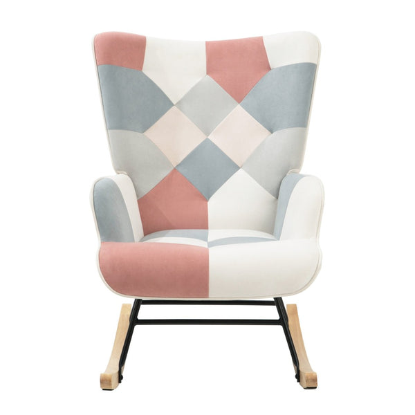 English Elm Rocking Chair With Ottoman - Mid-Century Patchwork Linen, Cozy Wood Legs For Living Room, Bedroom Use W561P175989-GIGA