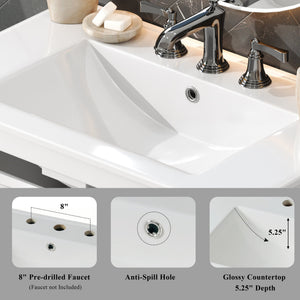 English Elm Christopher Knight Home® - 30" Bathroom Vanity with Ceramic Sink, Solid Wood Legs, Adjustable Shelf, Tip-Out Tray, Soft-Close Hinges, Silver Knobs, Moisture-Resistant Finish White N817P286250W
