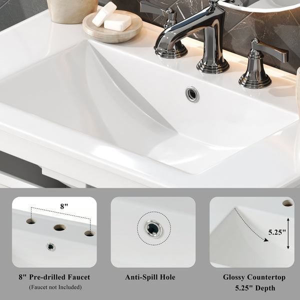 English Elm Christopher Knight Home® - 30" Bathroom Vanity with Ceramic Sink, Solid Wood Legs, Adjustable Shelf, Tip-Out Tray, Soft-Close Hinges, Silver Knobs, Moisture-Resistant Finish White N817P286250W