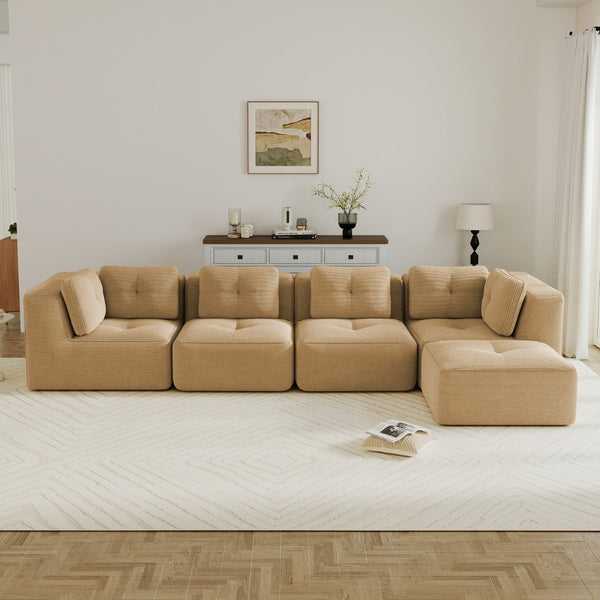 English Elm Modern Corduroy Sectional Sofa with Movable Ottoman Deep Seat Tufted Living Room Couch Camel W714S01787