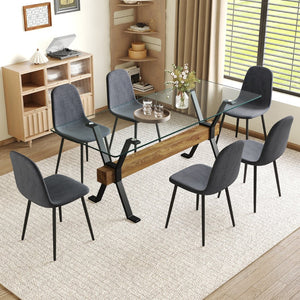 English Elm Table And Chair Set: Modern 79"X31.5" Glass Top With X-Shaped Metal Legs & 6 Dark Gray Linen Chairs W1151S03601-GIGA