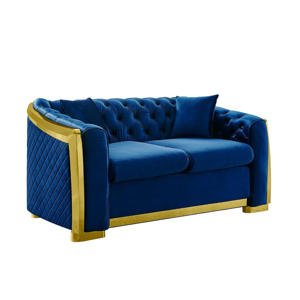 English Elm Luxury Velvet Tufted Chesterfield Loveseat with Gold Steel Trim for Living Room Navy Blue W1191S00117