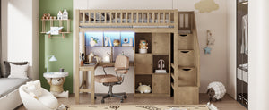 English Elm Wood Twin Loft Bed with Built-In L-Desk, LED Lighting, Staircase Storage, Shelves & Cabinets Walnut N7090000470D