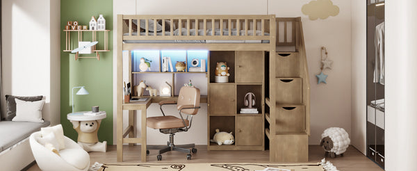 English Elm Wood Twin Loft Bed with Built-In L-Desk, LED Lighting, Staircase Storage, Shelves & Cabinets Walnut N7090000470D