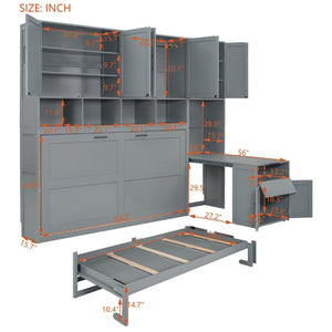 English Elm Twin Murphy Wall Bed with Integrated Closet Drawers and Desk for Studio Spaces Gray LP000595AAE-1
