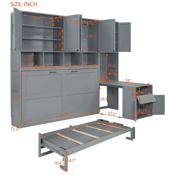 English Elm Twin Murphy Wall Bed with Integrated Closet Drawers and Desk for Studio Spaces Gray LP000595AAE-1