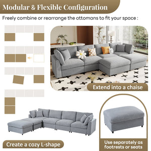 English Elm U_style Six Seat Chenille U Shaped Sectional Modular Sofa with Movable Ottomans Grey WY000474AAE