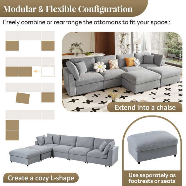 English Elm U_style Six Seat Chenille U Shaped Sectional Modular Sofa with Movable Ottomans Grey WY000474AAE