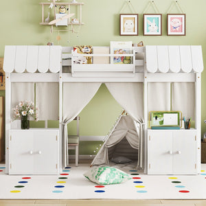 English Elm Twin Loft Bed Cottage-Style Playhouse with Built-In Bookshelf, Curtain & Storage, Safe Guardrails White W1580S00355