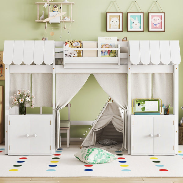 English Elm Twin Loft Bed Cottage-Style Playhouse with Built-In Bookshelf, Curtain & Storage, Safe Guardrails White W1580S00355