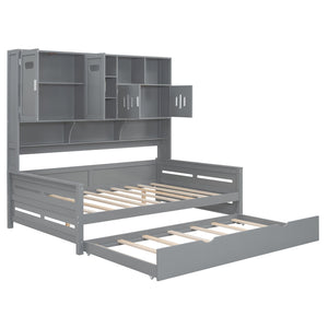 English Elm Full Size Wooden Daybed With Twin Trundle & Stylish Integrated Cabinet For Smart Space-Saving Solutions N820S00027E