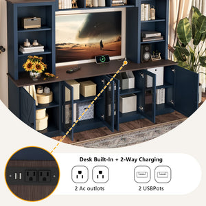 English Elm Wall Unit Entertainment Center with Built in Charging Mdf Media Console Open Shelving Blue W1580S00437
