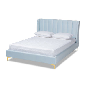 Baxton Studio Baxton Studio Glam Luxe Upholstered Queen Platform Bed with Gold Legs and Wingback Headboard Design Blue BBT6765-Light Blue-Queen
