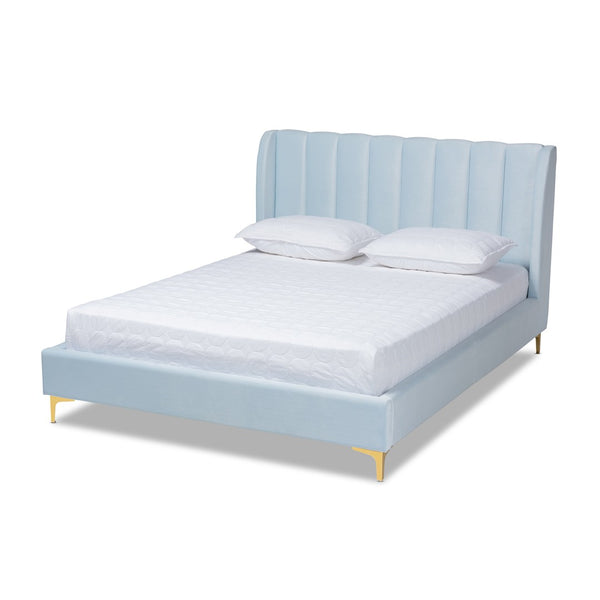 Baxton Studio Baxton Studio Glam Luxe Upholstered Queen Platform Bed with Gold Legs and Wingback Headboard Design Blue BBT6765-Light Blue-Queen