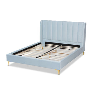 Baxton Studio Baxton Studio Glam Luxe Upholstered Queen Platform Bed with Gold Legs and Wingback Headboard Design Blue BBT6765-Light Blue-Queen
