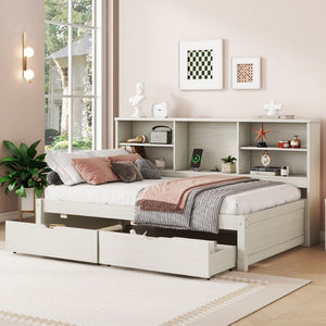 English Elm Twin Storage Bed with Bookcase Headboard Built-in Usb Charging and Two Drawers Creamy White W697S00037