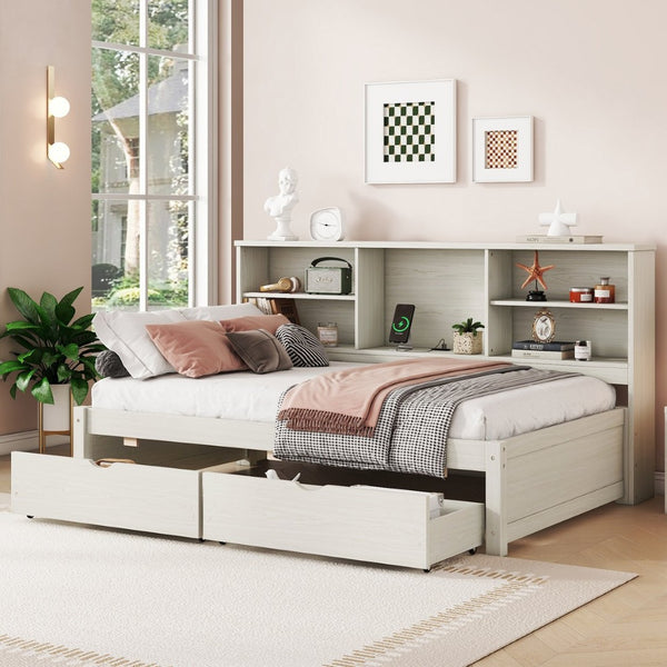 English Elm Twin Storage Bed with Bookcase Headboard Built-in Usb Charging and Two Drawers Creamy White W697S00037