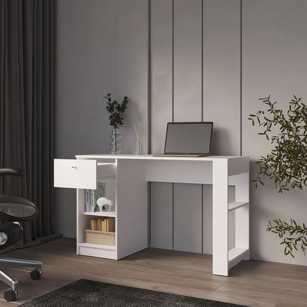 English Elm White Computer Desk Sleek Modern Home Office Table with Drawer, Two Open Shelves, Compact Storage Elegance B062P290243