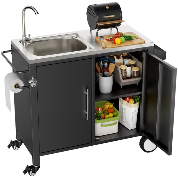 English Elm Outdoor Stainless Steel Grill Cart with Sink Cabinet and Lockable Swivel Wheels W3190P409412