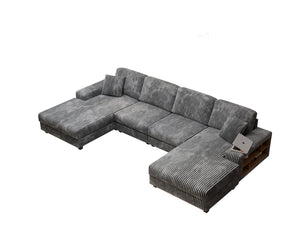 English Elm Convertible U-Shaped Sofa With Storage, Modern Corduroy 4-Seat Lounge For Cozy Living Rooms W1793S00028