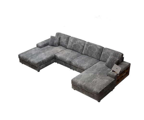 English Elm Convertible U-Shaped Sofa With Storage, Modern Corduroy 4-Seat Lounge For Cozy Living Rooms W1793S00028