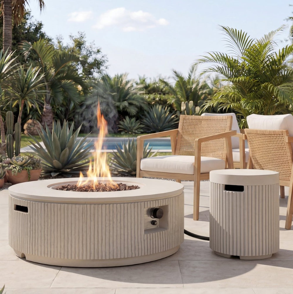 English Elm U_style Mgo Round Propane Fire Pit Table Outdoor Patio 50000 Btu Adjustable Flame Beige Gray+White WY000522AAA