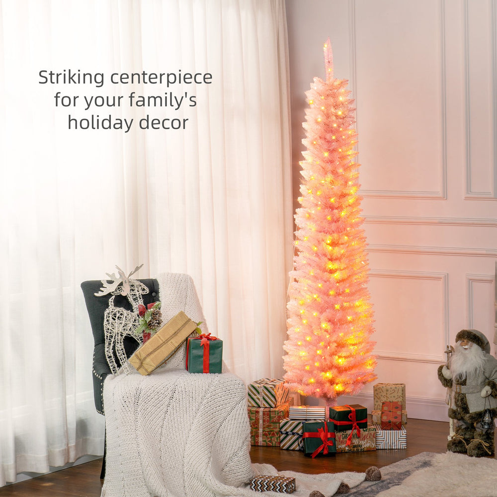 English Elm Homcom 6Ft Pink Prelit Pencil Christmas Tree With 200 Colorful Led Lights For Stylish Holiday Decor W2225P249679