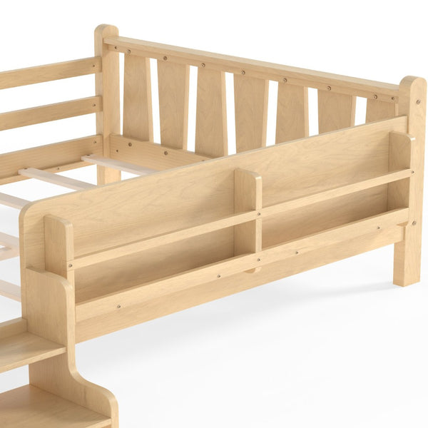English Elm Twin Pine Floor Bed with Guardrails Built-in Bookcases and Stair Steps for Kids W1580P430186