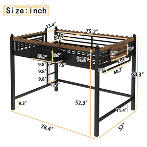 English Elm Full Size Metal Loft Bed with Built-in Shelving for Teen or Studio Bedroom W1580S00381