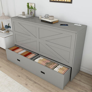 English Elm 57 Inch Murphy Bed Cabinet with Storage Drawers Charging Station and Rolling Casters Gray W509S00156