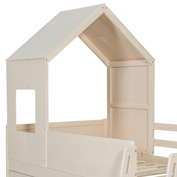 English Elm Twin House Loft Bed with Pull Out Rolling Desk Stair Drawers and Cabinet Storage Beige N820S00072A