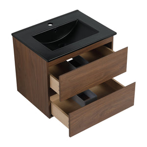 English Elm 24" Wall-Mounted Bathroom Vanity With Black Ceramic Sink & 2 Soft-Close Drawers For Stylish Storage W999S00193
