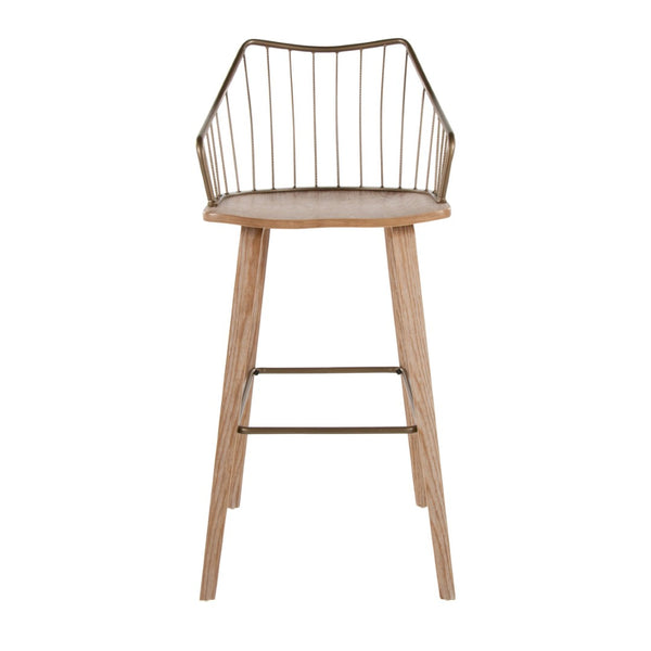 English Elm Fixed-height Farmhouse Barstool Whitewashed Spindle Back Antique Copper Frame Indoor B202P471174